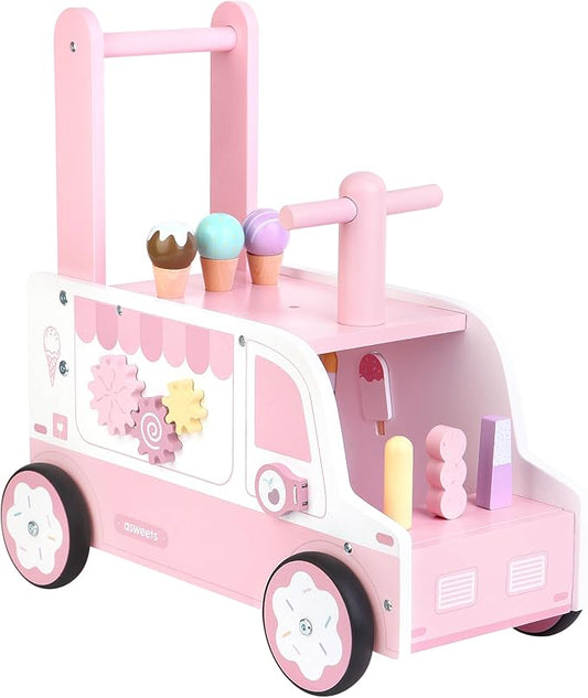 Asweets Wooden Baby Push and Pull Walker with Wheels, Learining Acticity Walker for Boys & Girls, Multiple Activities Center, Develops Motor Skills & Stimulates, 17.3''L x 9.1''W x 18.1''H-CubbioJoy