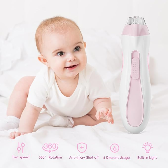 Baby Nail Trimmer Electric, 15 in 1 Baby Nail Clippers for Gentle Nail Care, Rechargeable Baby Nail File Electric with Light &15 Grinding Pads for Infant Toddler, Pink-CubbioJoy
