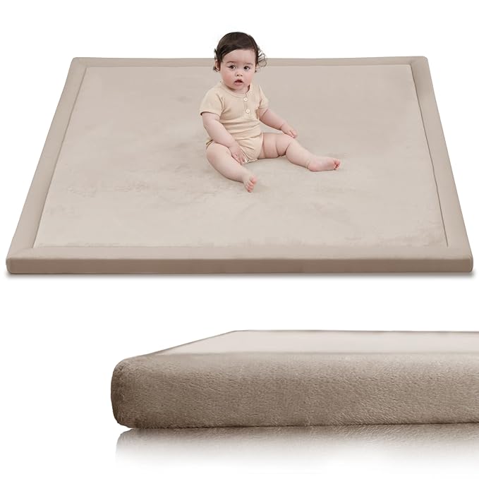 Baby Play Mat for Floor, 1.3" Thick Elasti-Foam 50x50 Playpen Mat for Toddlers Infant kids,Water-Repellent Soft Coral Velvet for Tummy Time, Non-Slip Backing for Crawling,Tatami Style(Beige)-CubbioJoy