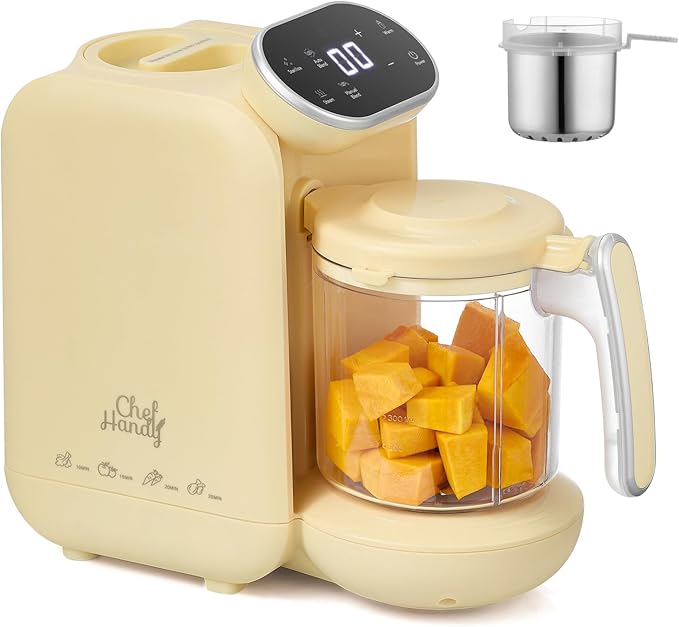 Chefhandy Baby Food Maker, Steamer & Blender with Stainless Steel Basket, Puree Maker with Auto/Manual Blend, Bottle Warmer & Sterili-zer, Safe & Easy-to-Clean Compact Baby Food Processor (Yellow)-CubbioJoy