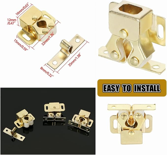 Alise Cabinet Door Latch,Cupboard Closet Doors Catch Closer Double Ball Roller Latches,Cold Rolled Steel Gold Finish CA1000G-12P(Pack of 12)-CubbioJoy