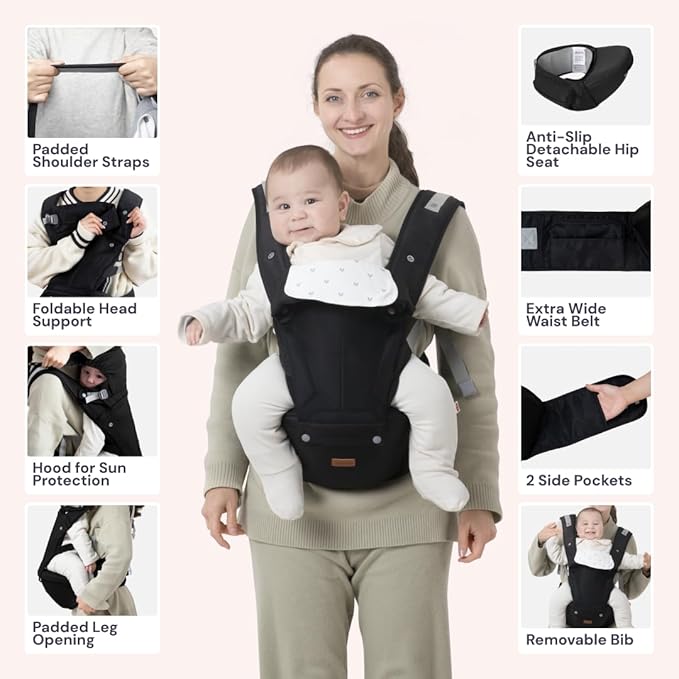 BabbleRoo Grow Carrier – Safety-Certified 6-in-1 Baby Carrier with Hip Seat, Ergonomic & Adjustable Toddler Carrier 7-50 lbs with Hip Support, Hood for Sun Protection, Newborn to Toddler, Black-CubbioJoy