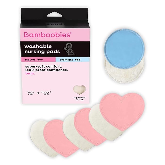Bamboobies Nursing Pads, Ultra-Soft Velour, Reusable, Washable & Leak-Proof, 6 Ultra-Thin and 2 Overnight Pads for Breastfeeding-CubbioJoy