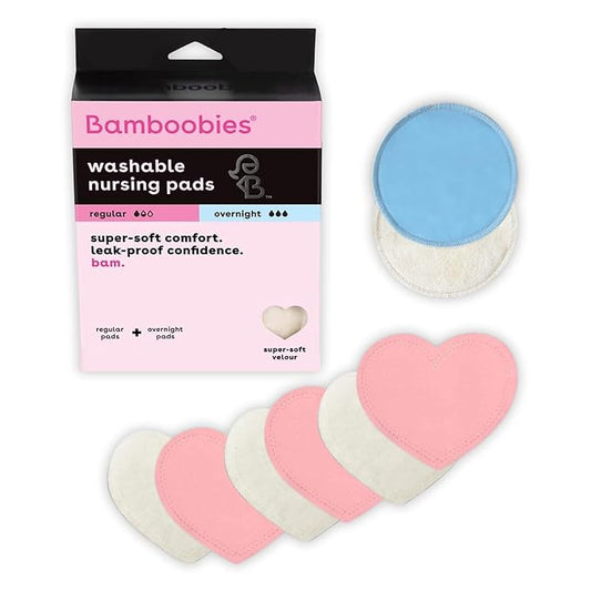 Bamboobies Nursing Pads, Ultra-Soft Velour, Reusable, Washable & Leak-Proof, 6 Ultra-Thin and 2 Overnight Pads for Breastfeeding-CubbioJoy