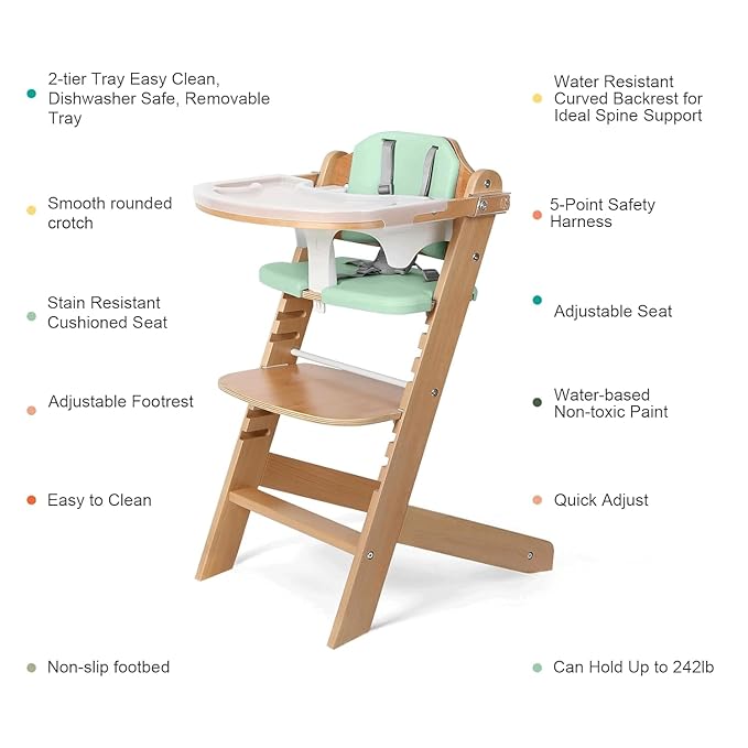 Cowiewie Natural Wooden High Chair for Babies & Toddlers 3-Tier Remove Adjustable Tray and Highchair with Cushions, Easy to Clean, Portable(Green)-CubbioJoy