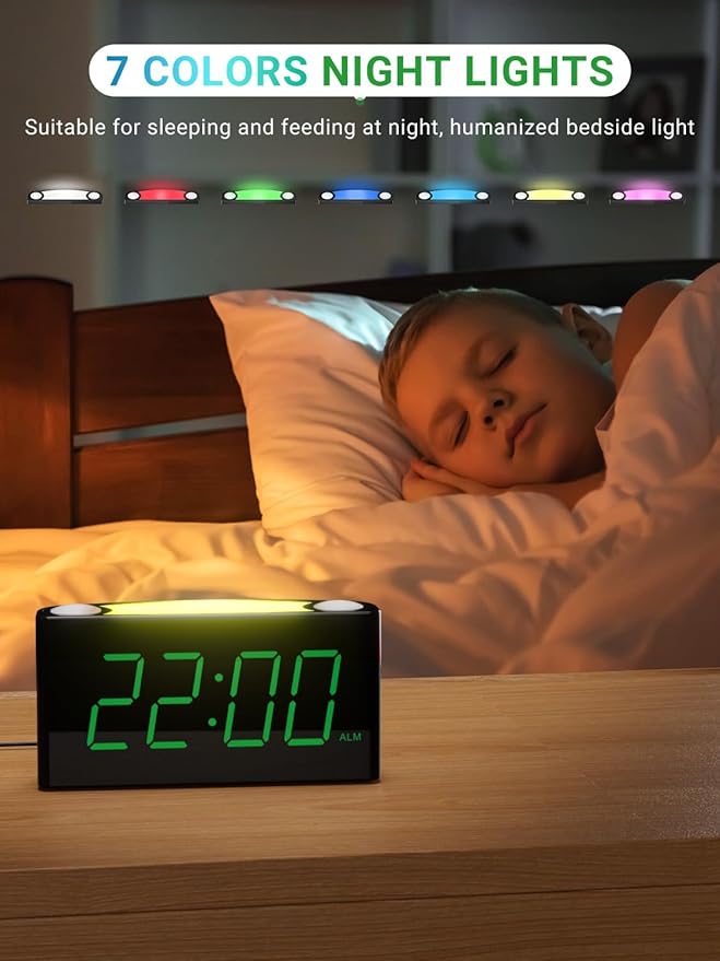 Alarm Clock for Bedroom, 7.5" Large Display LED Digital Clock with 7 Color Night Light,USB Phone Charger,Dimmer,Battery Backup,Easy to Set Loud Bedside Clock for Heavy Sleepers Adult Teen Kid Boy Girl-CubbioJoy