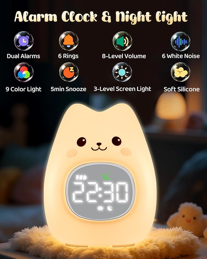 Cat Alarm Clock for Kids with Night Light, Sleep Training Clock Time to Wake Clock, Rechargeable Silicone Light for Bedroom, Perfect Sleep Companion for Boys Girls-CubbioJoy