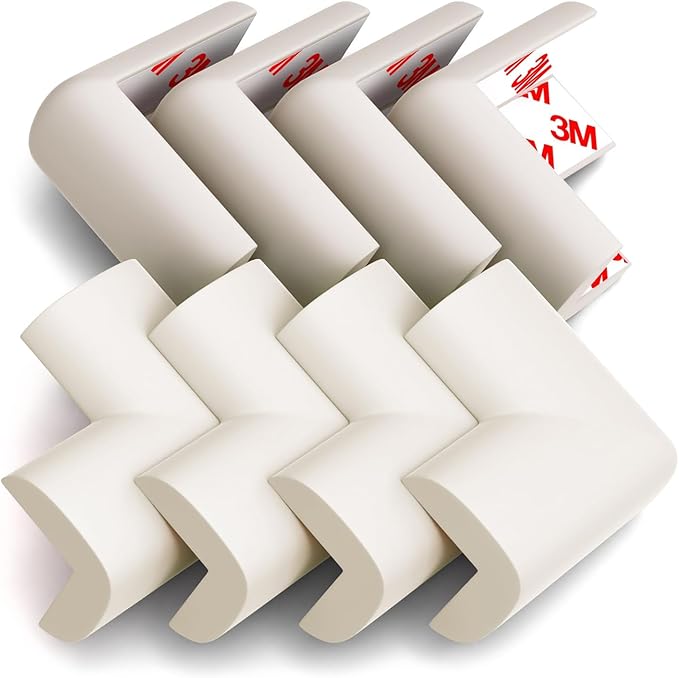 8-Pack Baby Proofing Corner Protectors, Furniture Corner and Edge Safety Bumpers, Soft Rubber Foam Cushion Covers, 3M Taped Corner Protector, Baby Child Proofing Pads, Table Protector, White-CubbioJoy