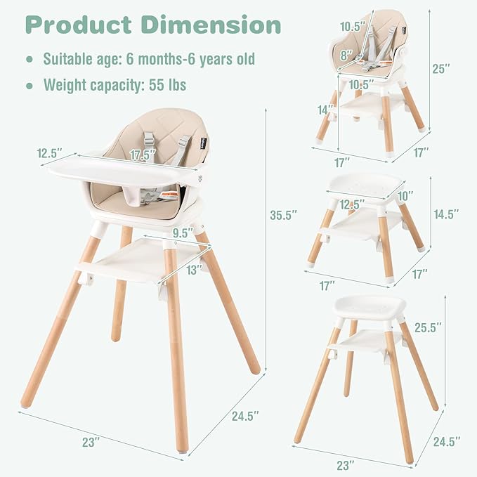 BABY JOY High Chair, 6 in 1 Convertible Wooden Highchair for Babies & Toddlers with Adjustable Legs, Double Removable Tray, Safety Harness & Waterproof PU Cushion (Beige)-CubbioJoy