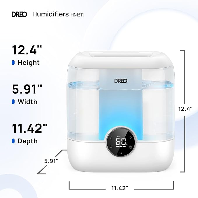 Dreo 6L Top Fill Humidifiers for Bedroom, 60H Runtime 28 dB Quiet Supersized Cool Mist Air Humidifiers for Large Room, Baby Nursery, Plant, Indoor, Night Light, Easy to Clean, Precise Humidity Control-CubbioJoy