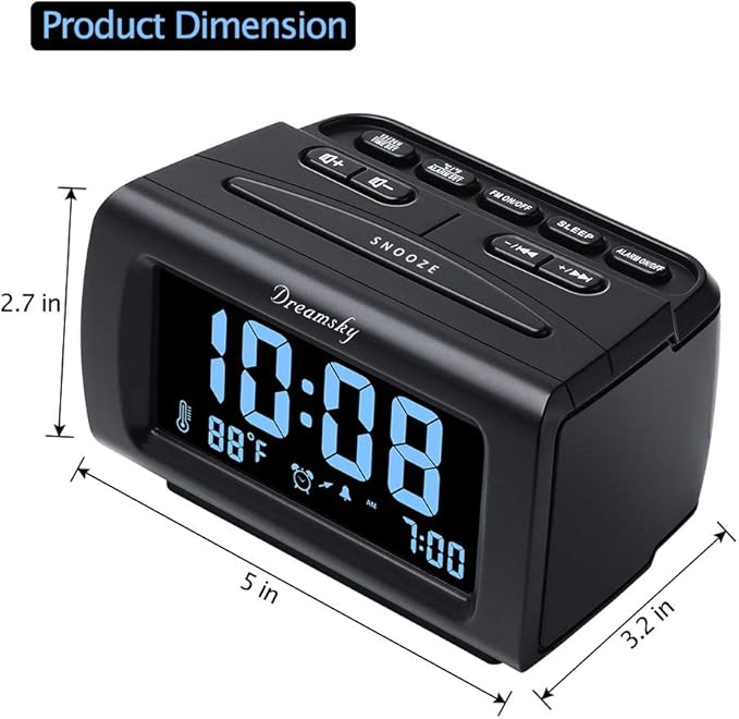 DreamSky Alarm Clock Radios for Bedrooms with Battery Backup, Large Big Numbers with Brightness Dimmer, USB Port, Bedside Digital FM Radio with Sleep Timer, Temperature, Adjustable Volume, Snooze-CubbioJoy