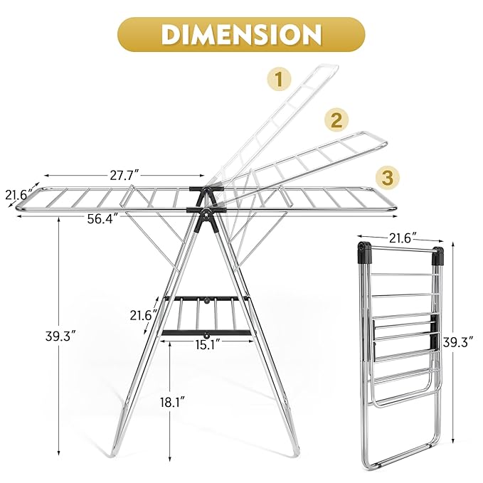 APEXCHASER Clothes Drying Rack, Drying Rack Clothing with Height-Adjustable, Foldable Gullwings Laundry Rack, Indoor Outdoor Use, No Assembly,Black-CubbioJoy