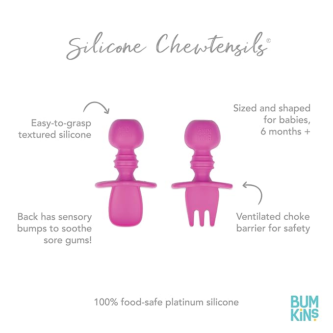 Bumkins Baby Utensils Set, Chewtensils Silicone Spoons for Dipping, Self-Feeding, Baby Led Weaning, Trainer Learning, First Stage Eating, Soft Practice Fork and Spoon, Babies 6 Months, Fuchsia-CubbioJoy