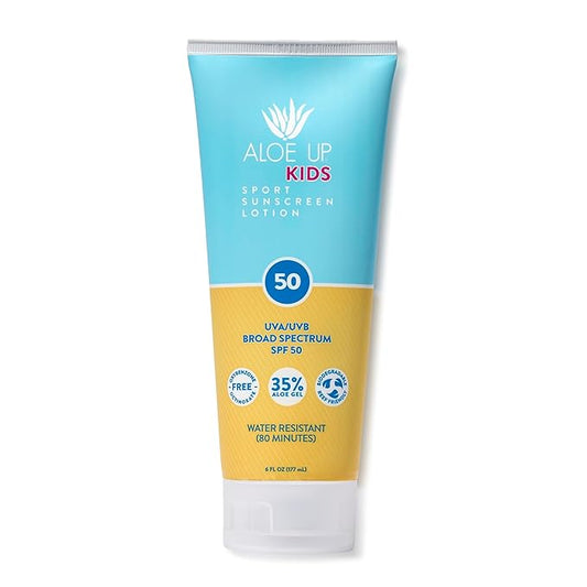 Aloe Up Kids Sport Sunscreen Lotion SPF 50 - Broad Spectrum Sheer Face and Body Sunscreen Protector for Sensitive Skin - With Aloe Vera Gel - Dries Fast - Reef Safe - Fragrance-Free - 6 Oz-CubbioJoy