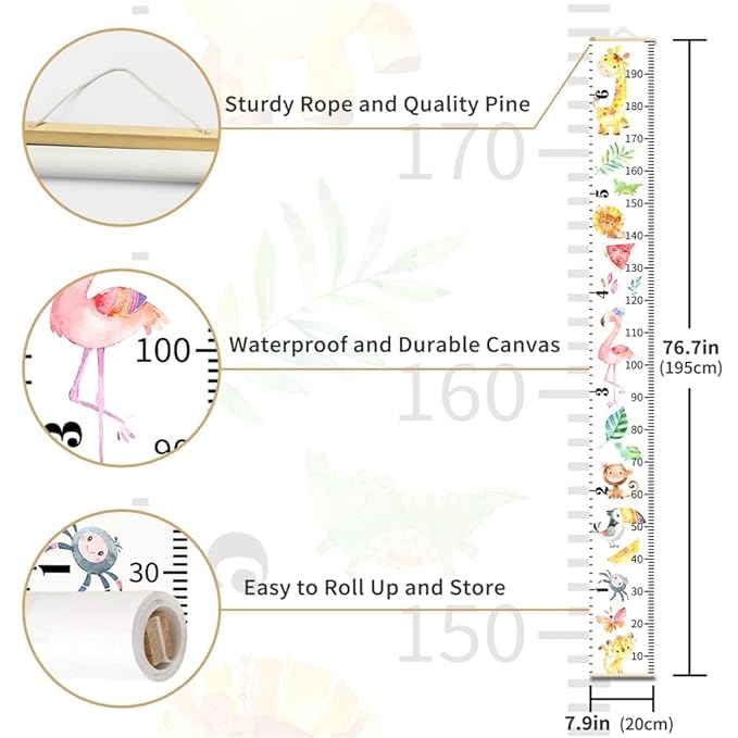 Cute Animals Growth Chart for Kids Baby Height Chart Ruler Removable Canvas Wooden Frame Hanging Wall Rulers Measurement Charts for Toddler Room Nursery Decor - 79"X7.9" with Black Wood-CubbioJoy