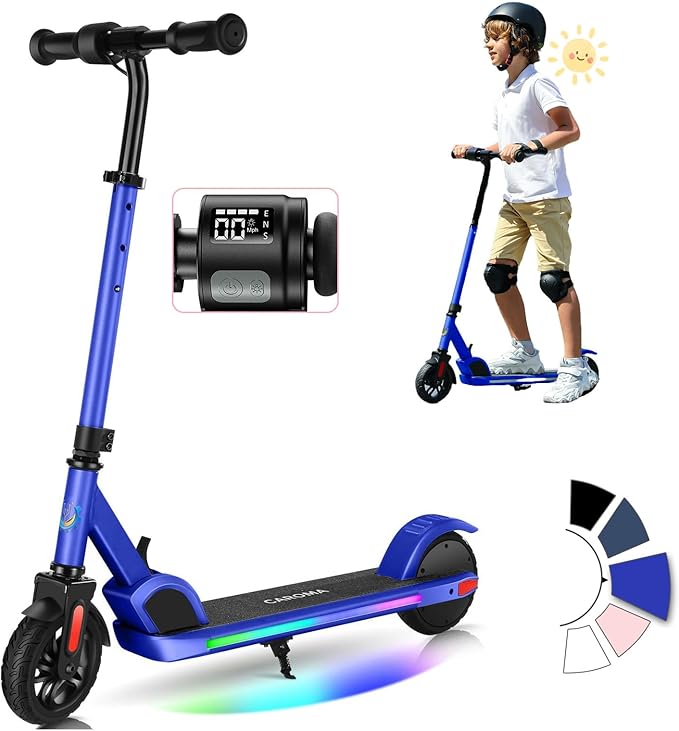 Caroma Electric Scooter for Kids Ages 6-12,150W/180WMotor,10 MPH Max Speed & 7 Miles,Colorful Lights,Adjustable Height & Speed,LED Display,Foldable Kids Electric Scooter 132 Lbs Max Load,Idea Gift-CubbioJoy