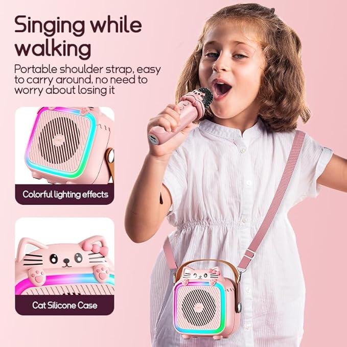 Karaoke Machine with 2 Wireless Microphones for Kids Adults,Portable Bluetooth Speaker Girls Toddlers Toy Gift for Aged 3-12 Year Birthday Parties Christmas Party - Pink-CubbioJoy