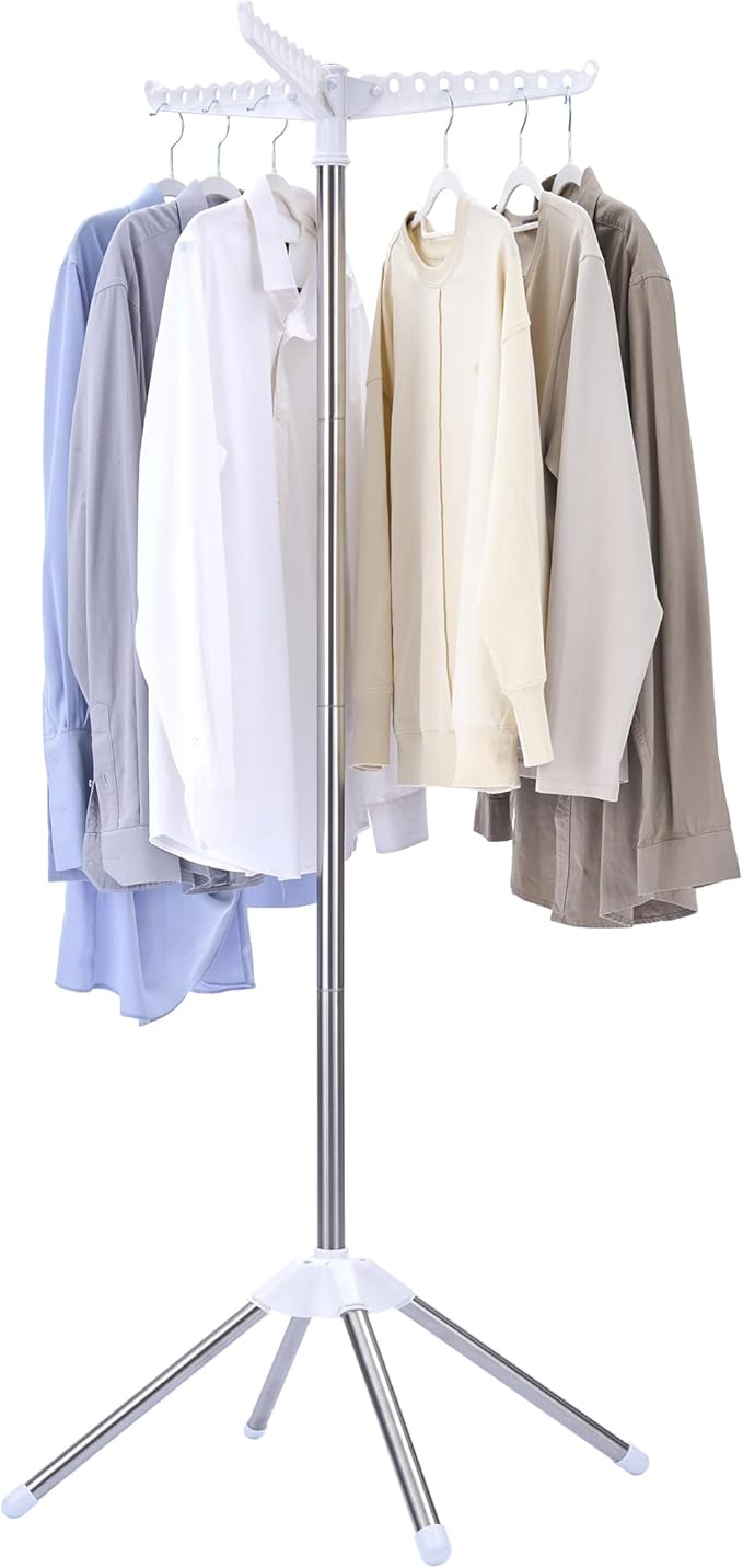Clothes Drying Rack Foldable, 59 inch Tripod Laundry Drying Rack Indoor with Rotating Clothes Rail for 27 Pieces of Clothes, Space Saving, Stainless Steel, White and Silver CDR001W01-CubbioJoy