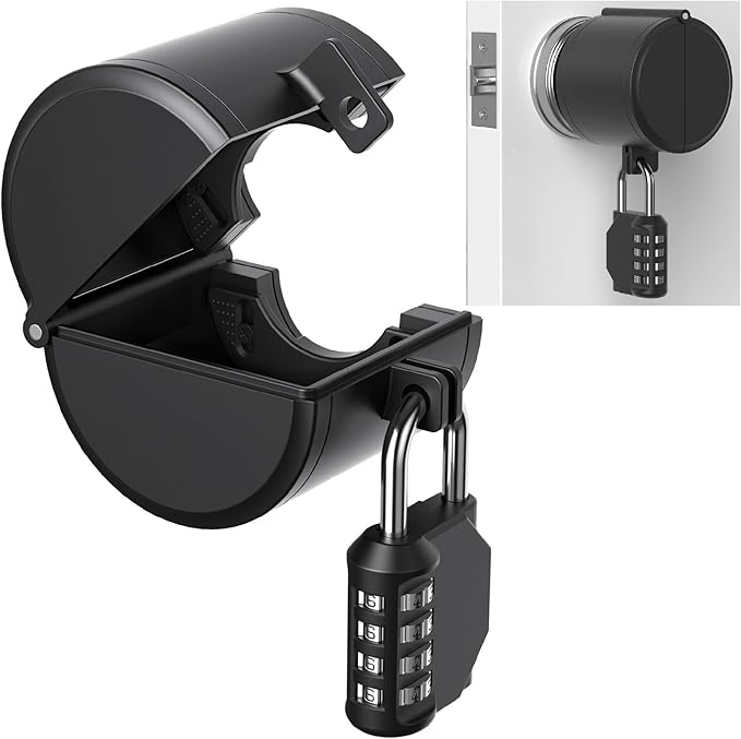 AST Door Knob Lockout Device with Passcode Padlock, Childproof Door Knob Cover, Lock Out to Smart Doorknob. Safety Cover for Faucet, Valve, Spigot. Prevent Access to Keyhole, Matte Black-CubbioJoy