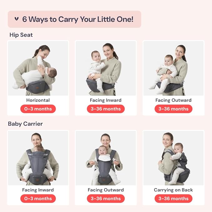 BabbleRoo Grow Carrier – Safety-Certified 6-in-1 Baby Carrier with Hip Seat, Ergonomic & Adjustable Toddler Carrier 7-50 lbs with Hip Support, Hood for Sun Protection, Newborn to Toddler, Gray-CubbioJoy