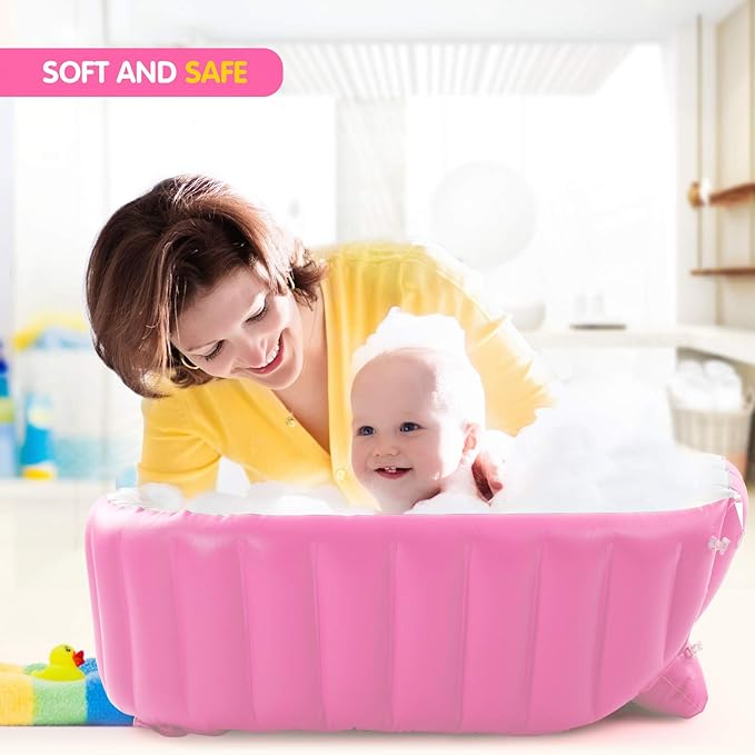 Inflatable Baby Bathtub, Portable Infant Toddler Bathing Tub Non Slip Travel Bathtub Mini Air Swimming Pool Kids Thick Foldable Shower Basin with Air Pump, Pink-CubbioJoy