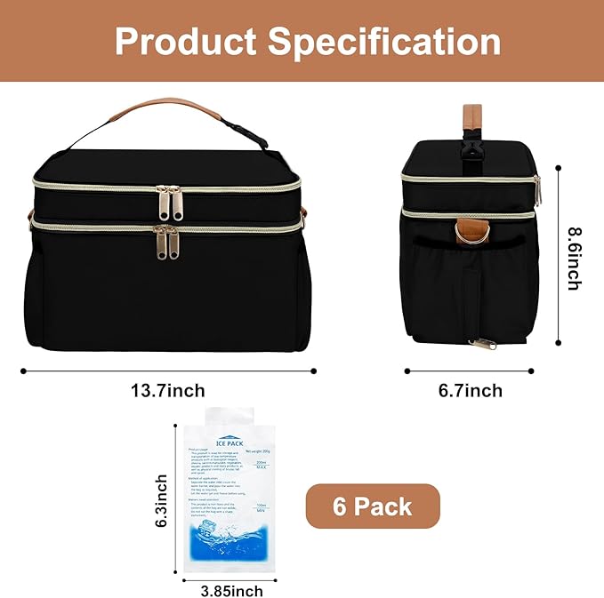Breastmilk Cooler Bag with 6 Ice Pack, Wearable Breast Pump Bag Compatible with Willow, Elvie, Medela & Momcozy M5/S12 Pro Pumps & Accessories for Work, Travel and Family Use Black-CubbioJoy
