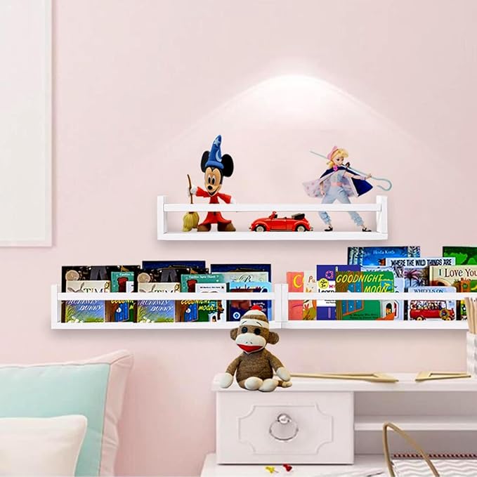 AZSKY Nursery Bookshelves White, 24 Inch Floating Bookshelves for Wall Set of 3, Baby Kids Decor, Solid Wood Wall Mounted Shelves for Books, Toys and Decor Storage-CubbioJoy