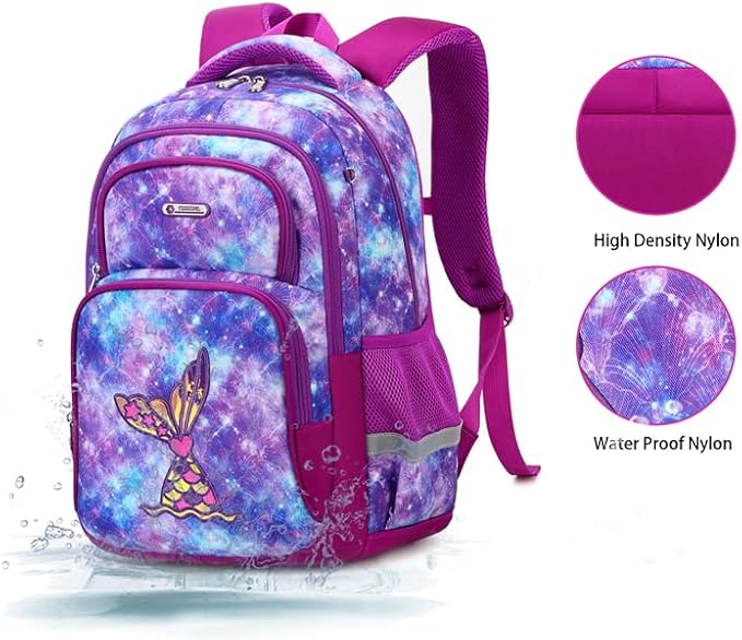 Cusangel Purple Mermaid 3pcs Set with Lunch Box Pencil Case,Multi Compartment Backpack, Dinosaur Backpack Chest Strap Side Pockets 16 Inch-CubbioJoy