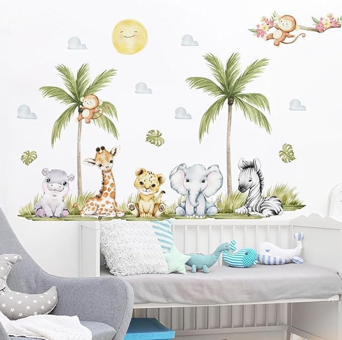 56.29 x 44.88 Inch Watercolor Animal Wall Decals - Jungle Stickers With Tiger, Elephant, Zebra, Giraffe, Monkey, Hippo for Baby Nursery, Bedroom, Classroom, Kindergarten Decor-CubbioJoy