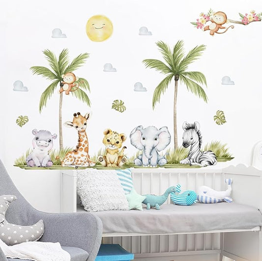 56.29 x 44.88 Inch Watercolor Animal Wall Decals - Jungle Stickers With Tiger, Elephant, Zebra, Giraffe, Monkey, Hippo for Baby Nursery, Bedroom, Classroom, Kindergarten Decor-CubbioJoy