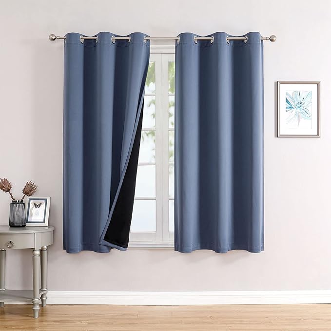 ChrisDowa 100% Blackout Curtains 63 inch Long for Bedroom with Black Liner, 2 Thick Layers Total Blackout Thermal Insulated Grommet Window Curtains 2 Panels Set (Stone Blue, 38 x 63 Inch)-CubbioJoy