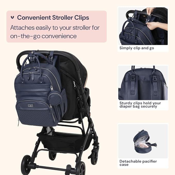 BabbleRoo Leather Diaper Bag Backpack - Baby Essentials Travel Baby Bag, Multi function, with Changing Pad, Stroller Straps & Pacifier Case – Unisex, Midnight Blue-CubbioJoy