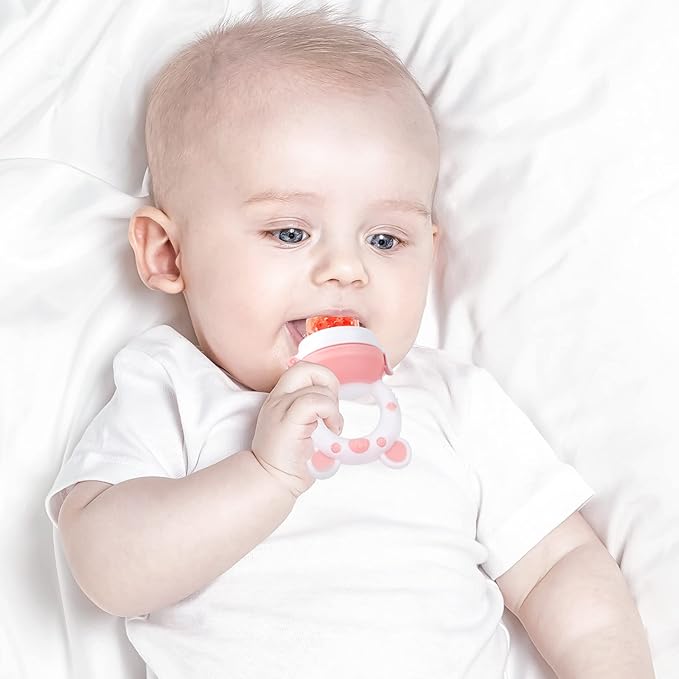 Baby Solids/Frozen Fruit Feeder Pacifier, Infant Teether Toy 4M+, BPA-Free Silicone Pouch & Nipple, Safely Introduce Solids, Teething Relief, 2-Pack (Bear - Purple Pink White, S/M/L)-CubbioJoy