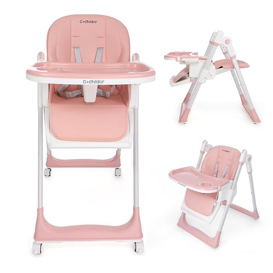 3-in-1 Foldable High Chair for Babies & Toddlers – Adjustable Height, Reclining Seat, 5-Point Safety Harness, Removable Tray, Lockable Wheels, Washable Cushion – Portable & Easy Clean, Pink-CubbioJoy