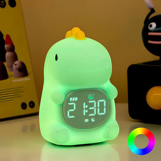 Dinosaurs Alarm Clock with Night Light for Kids with Sleep Training and Sound Machine, Rechargeable Silicone Lamp OK to Wake Clock，Cute Animal Tabletop Lamp, Perfect Sleep Companion for Boys Girls-CubbioJoy