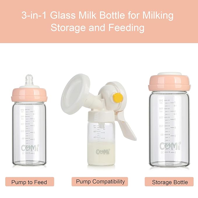 COMI Wide Neck Glass Breastmilk Collection n Storage Bottle, 8oz with Screw Ring Sealing Disk; Re-markable Sealing Disc. BPA Free, Fits Breast Pumps & Nipples (4 Pink Lids)-CubbioJoy