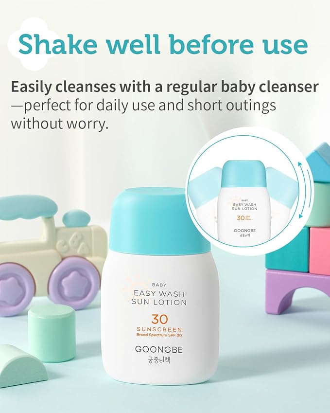 Baby Easy Wash Sun Lotion SPF 30 & Soothing Water Gel Cream - Korean Zinc Oxide Mineral Sunscreen & Cooling Moisturizer - Vegan Hypoallergenic for Ages 0-3, Lotion 2.11oz & Gel Cream 3.38oz-CubbioJoy
