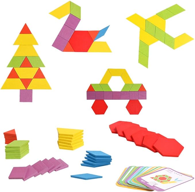 JCREN Wooden Pattern Blocks Montessori Toys Shape Puzzles Kindergarten Classic Educational Tangram Geometric Brain Teaser Toys Best STEM for Kids Ages 4-8 with 24 Pcs Design Cards-CubbioJoy