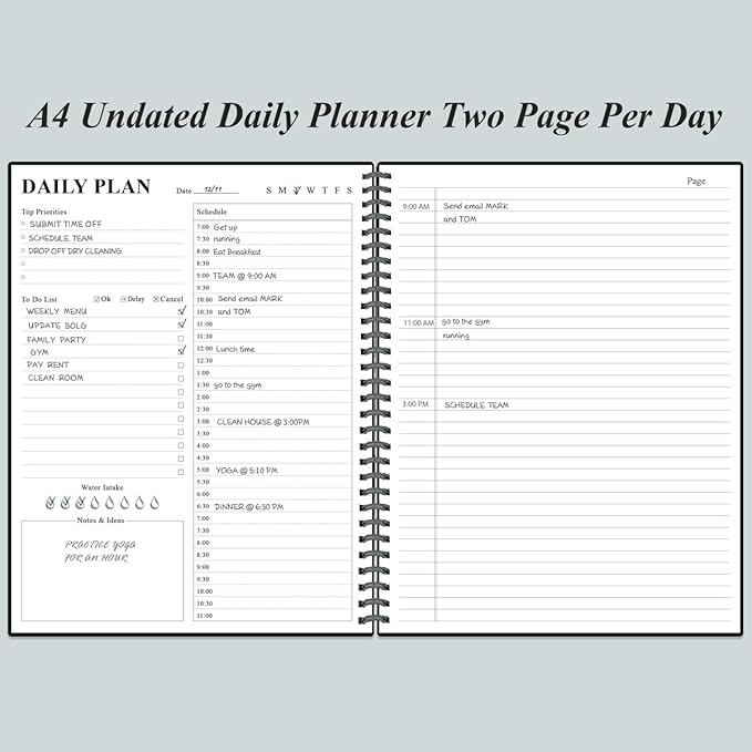 Daily Planner Undated - A4 To Do List Notebook Hourly Schedules, Spiral Appointment Planner for Women and Men,PVC Hardcover, Inner Pocket, Elastic Closure, 8.5" x 11", Black-CubbioJoy