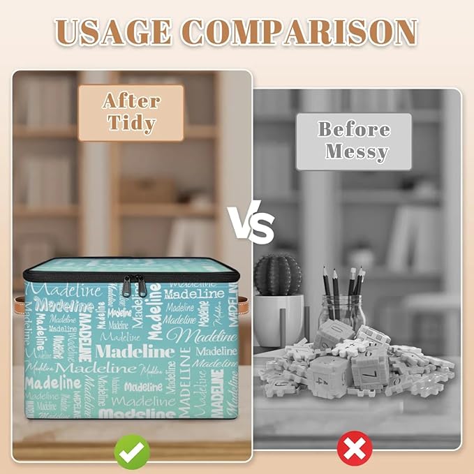 Custom Storage Basket with Name, Personalized Storage Bins with Zipper Lid, Foldable Fabric Storage Box Large capacity with Handle Grey Blue Green-CubbioJoy