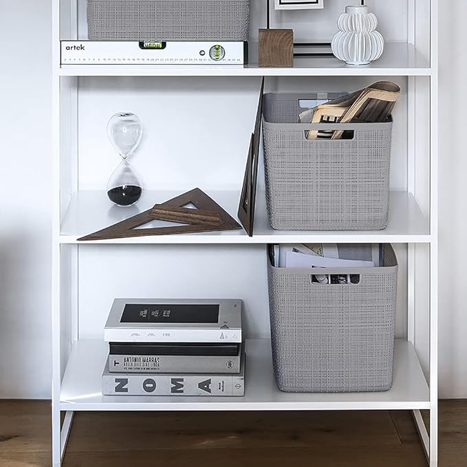 Curver Set of 4 Jute Large Cube Decorative Plastic Organization and Storage Baskets, Perfect Bins for Home Office, Closet Shelves, Kitchen Pantry and All Bedroom Essentials, Grey-CubbioJoy