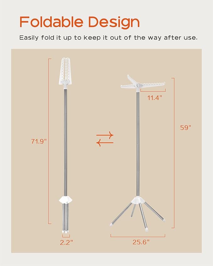 Clothes Drying Rack Foldable, 59 inch Tripod Laundry Drying Rack Indoor with Rotating Clothes Rail for 27 Pieces of Clothes, Space Saving, Stainless Steel, White and Silver CDR001W01-CubbioJoy