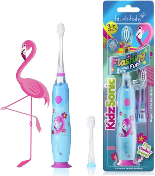 Brush‑Baby - KidzSonic Flamingo Kids Electric Toothbrush for Ages 3+ with Disco LED Lights, Gentle Sonic Vibrations, 2-Minute Smart Timer & 30‑Second Pulse Reminders – AAA Battery Included-CubbioJoy