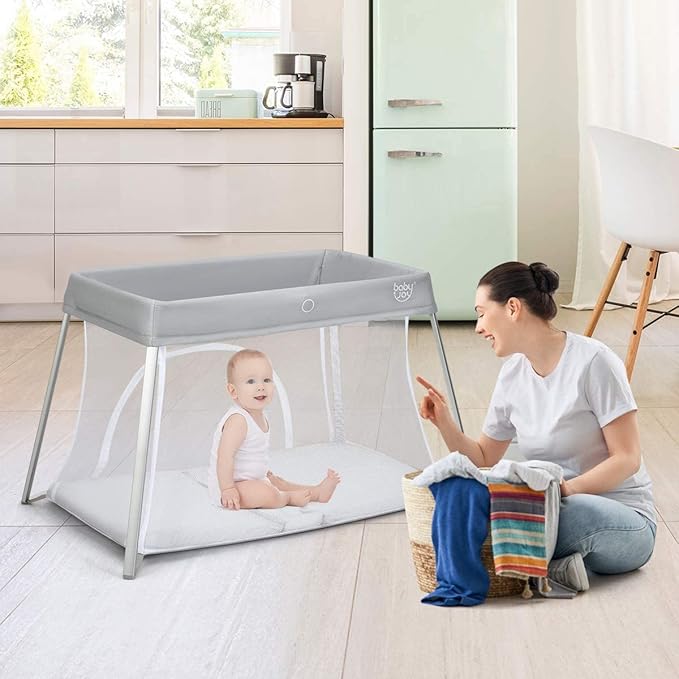 BABY JOY 2 in 1 Travel Crib with Side Zipper, Portable Baby Playard with Soft Washable Mattress, Installation-Free Home Playard with Carry Bag for Airplane, Lightweight Playpen for Infants &Toddlers-CubbioJoy