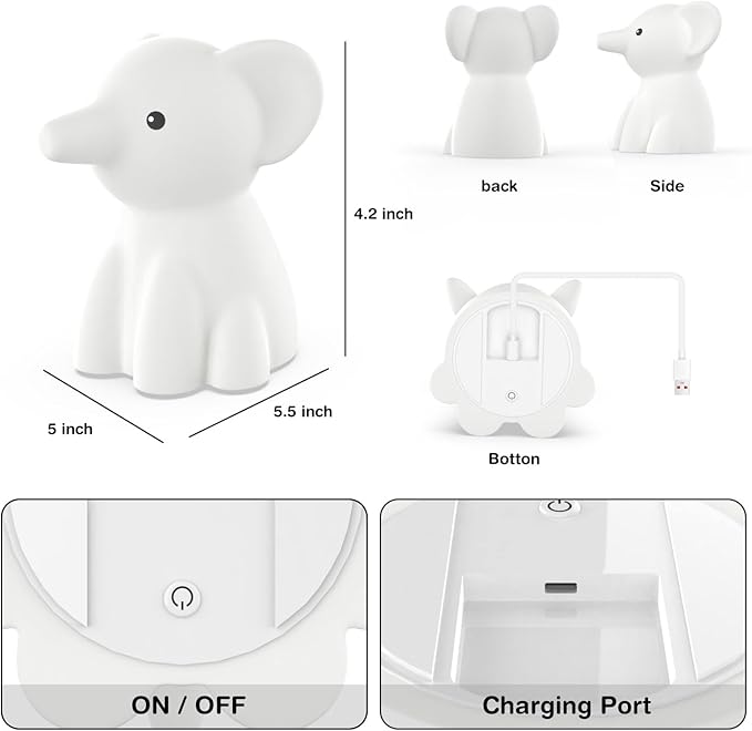 Cute Elephant Night Light for Kids, Adorable Room Decor for Boys Girls Birthday/Christmas Gifts, 5 Color, USB Rechargeable Silicone Night Lamp, Animal Lamp Gift, Safe Nursery Light for Toddlers-CubbioJoy