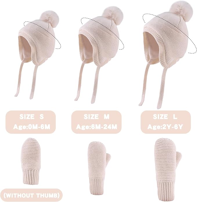 Basic Winter Baby Beanie Gloves Boys Girls Knitted Hat Pompom Kids Earflap Hats Warm Infant Toddler Beanie Mittens Set-CubbioJoy