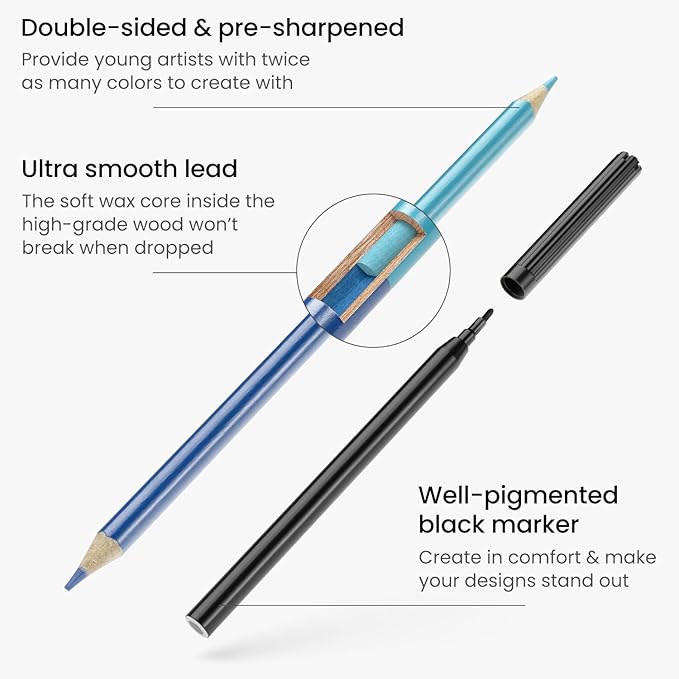 ARTEZA Kids Coloring Book and Colored Pencils Kit, Animal Kingdom Illustrations, 50 Double-Sided Sheets, 100lb Paper-CubbioJoy