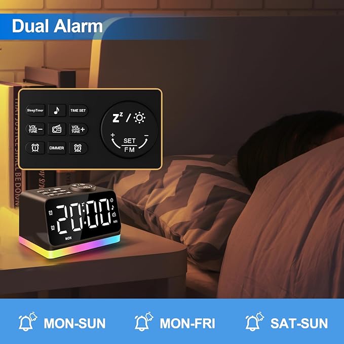 Digital Alarm Clock with FM Radio for Bedroom, 8 Colors Night Light with 2 Charging Port, Sleep Sound Machines with Timer, Dual Alarm, Loud Alarm and Easy to Use for Seniors and Kids as Gift (Black)-CubbioJoy