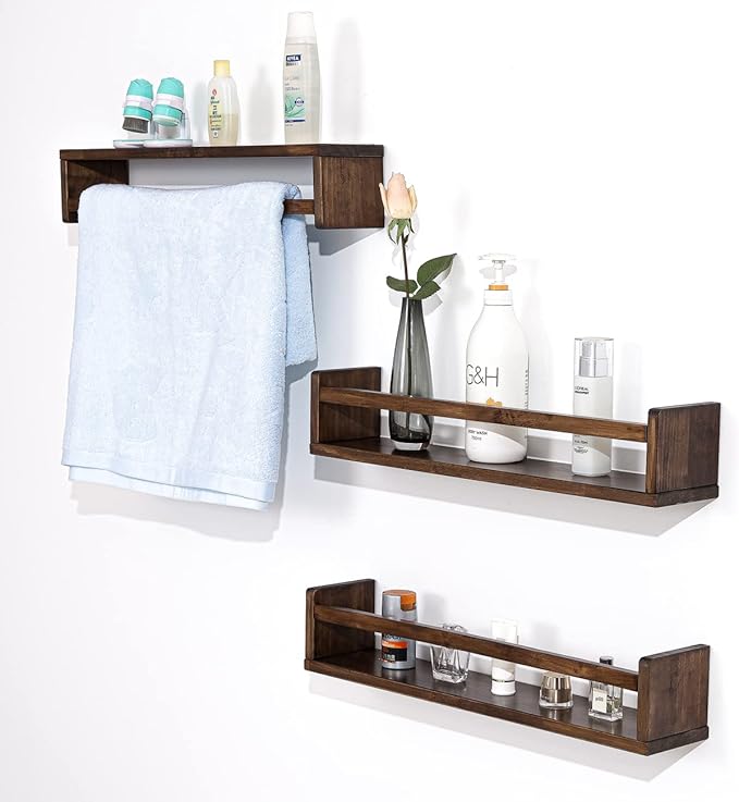 AZSKY Nursery Book Shelves 24 in Set of 3 Walnut Floating Bookshelf for Kids Room Wall Mounted Floating Shelves Solid Nursery Bookshelf Perfect Decor for Kitchen Bedroom Living Room-CubbioJoy