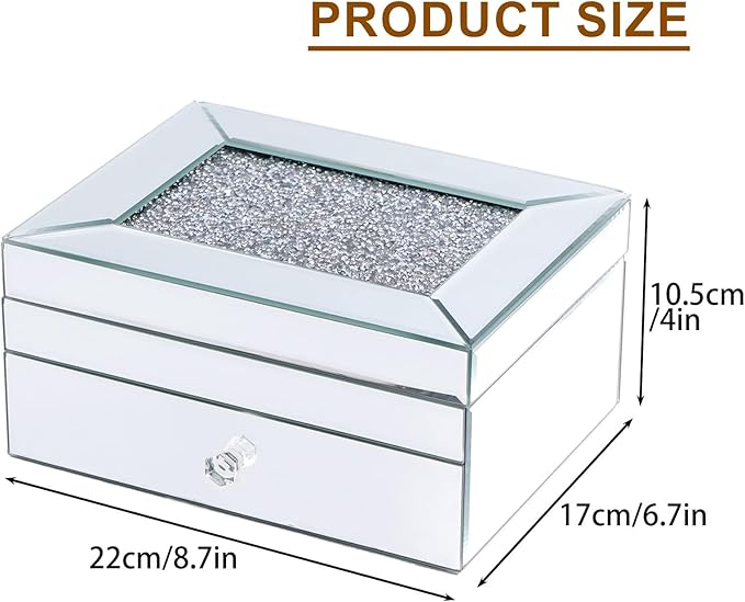 2 Layer Mirror Glass Jewelry Box with Crushed Diamond Decor, Velvet-Lined Trinket Organizer for Rings Earrings Necklaces Bracelets - Elegant Treasure Chest Storage Case for Women Girls-CubbioJoy